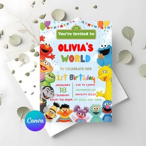 May include: A colorful birthday invitation featuring Sesame Street characters. The invitation reads "Olivia's World" and includes details for a 1st birthday celebration. The design incorporates various characters, balloons, and confetti, with the Canva logo in the corner.