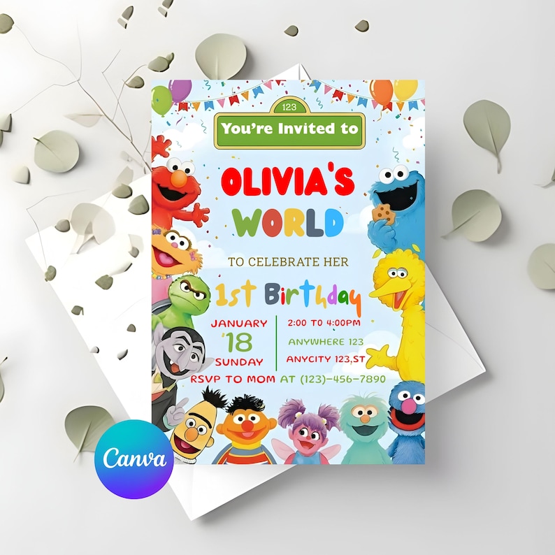 May include: A colorful birthday invitation featuring Sesame Street characters. The invitation reads "Olivia's World" and includes details for a 1st birthday celebration. The design incorporates various characters, balloons, and confetti, with the Canva logo in the corner.