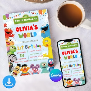 May include: A birthday invitation with the text "You're Invited to OLIVIA'S WORLD to Celebrate Her 1st Birthday" featuring Sesame Street characters. The invitation is on a light blue background with colorful accents and a download icon.