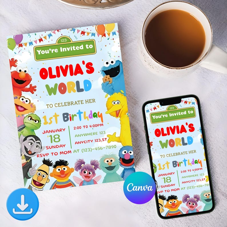 May include: A birthday invitation with the text "You're Invited to OLIVIA'S WORLD to Celebrate Her 1st Birthday" featuring Sesame Street characters. The invitation is on a light blue background with colorful accents and a download icon.