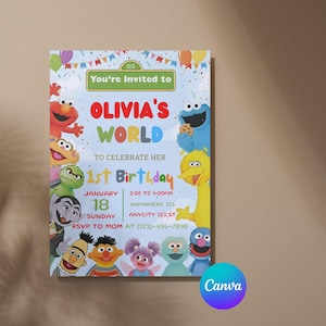 May include: A colorful birthday party invitation featuring Sesame Street characters. The invitation reads "Olivia's World" and includes party details like the date, time, and location. The design incorporates balloons and confetti.