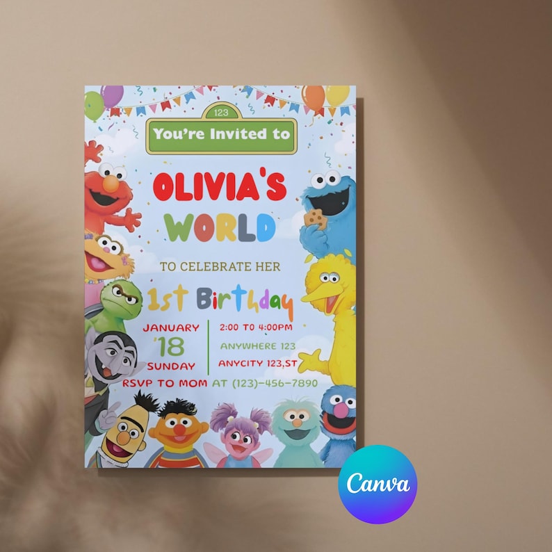 May include: A colorful birthday party invitation featuring Sesame Street characters. The invitation reads "Olivia's World" and includes party details like the date, time, and location. The design incorporates balloons and confetti.