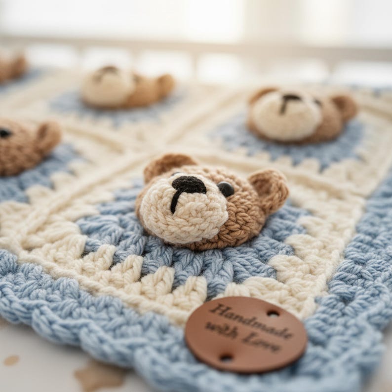 Puede incluir: Una manta de ganchillo hecha a mano con caras de osito de peluche. La manta es un mosaico de cuadrados azul claro, crema y blanco. Cada cuadrado tiene una cara de osito de peluche en 3D en tonos marrones y crema. Una etiqueta de cuero marr&oacute;n dice "Handmade with Love".