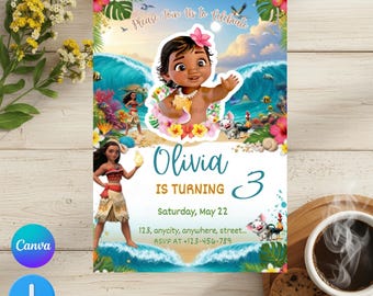 Invito di compleanno per Baby Moana, invito di compleanno digitale modificabile per Baby Moana, invito per festa a tema per bambini, modello digitale per Baby Moana