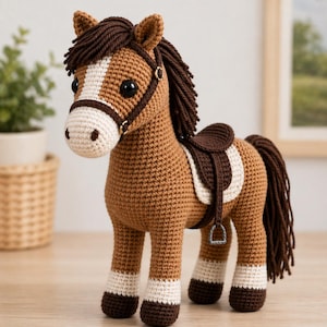 May include: A crocheted brown horse with a white face, legs, and saddle accents. The horse has a dark brown mane and tail, and is wearing a brown bridle and saddle. The toy horse is a handmade item.