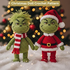 May include: Two green crochet dolls, one with a red and white striped scarf and the other in a Santa Claus outfit. The dolls have mischievous smiles and are set against a blurred Christmas tree background. The text "Christmas Doll Crochet Pattern" is at the top.