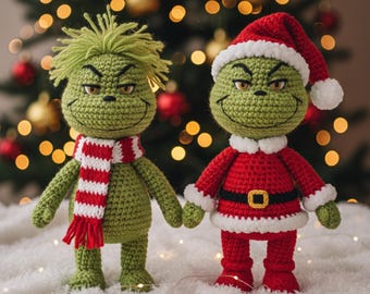 Patrón de crochet del Grinch, muñeco navideño amigurumi en PDF, decoración navideña divertida, idea de regalo de Navidad hecho a mano