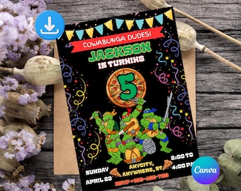 Editable Ninja Turtle Birthday Invitation | Printable Ninja Invite, Turtle Evite, Editable Canva Template Printable Instant Download