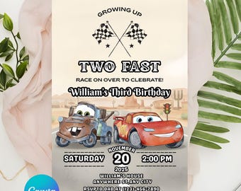 Cars Birthday Invitation, Kids Birthday Invitation, Lightning McQueen Invitation, Editable Personalized Canva Digital Download