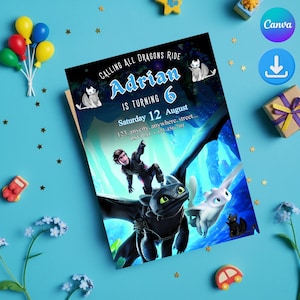 Pu&ograve; includere: Un invito di compleanno con il testo "CALLING ALL DRAGONS RIDE" e "Adrian IS TURNING 6". L'invito presenta un'illustrazione a tema drago con un ragazzo che cavalca un drago. Lo sfondo &egrave; blu.