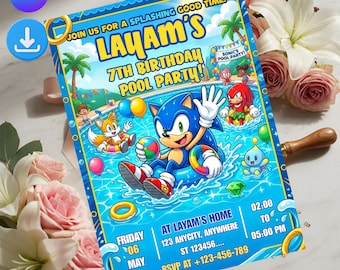 Sonic Birthday Invitation For Kids Party, Sonic The Hedgehog Boys Party Invite, Editable Sonic 3 Birthday, Instant Download, sonic in pool