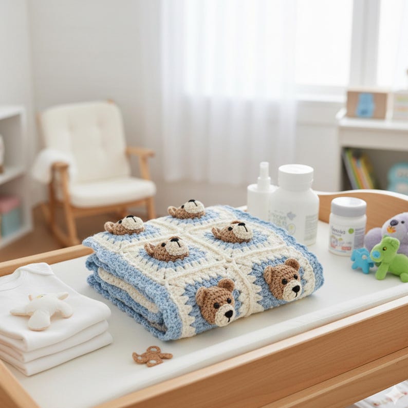 Puede incluir: Una manta de beb&eacute; hecha a mano, doblada, con un dise&ntilde;o azul y crema. La manta presenta cuadrados de ganchillo con aplicaciones de ositos de peluche marrones. Sobre una mesa para cambiar pa&ntilde;ales con art&iacute;culos para beb&eacute;s.
