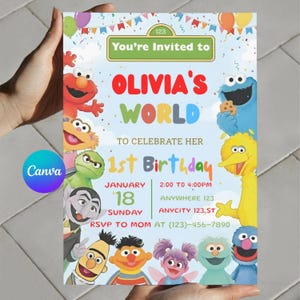 May include: A colorful birthday party invitation featuring Sesame Street characters. The invitation reads "Olivia's World" and includes details for a first birthday celebration, with the text "You're Invited to" at the top.
