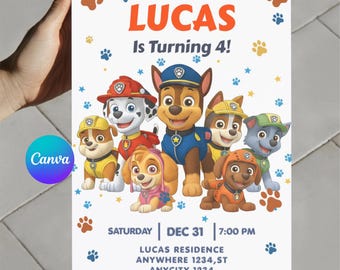 Editable Paw-ty Birthday Invitation Template | Puppy Patrol Pup Crew Boys & Girls Bday | Kids Printable Party Invitation | Instant Download
