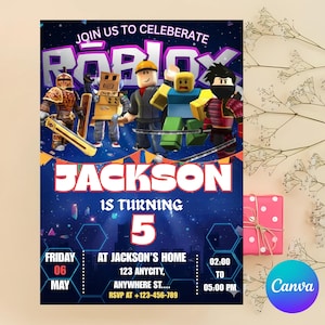 Roblox Invitation, Roblox Invite, Game Party, Roblox Boys Birthday Invitation Template, Game Birthday, Kids Roblox, Editable Template, Canva