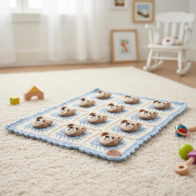Puede incluir: Una manta de beb&eacute; hecha a mano con un patr&oacute;n de cuadros azules y blancos y caras de osos de peluche de ganchillo. La manta tiene un borde festoneado azul y est&aacute; colocada sobre una alfombra de color claro. Hay juguetes de madera cerca.