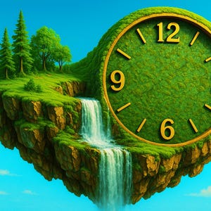 May include: A surreal image of a floating island shaped like a clock face. The clock's numbers are gold, and the face is covered in green grass. A waterfall cascades down the side of the island, with trees and grass on top.