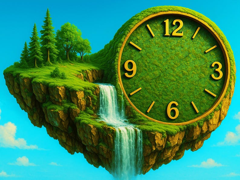 May include: A surreal image of a floating island shaped like a clock face. The clock's numbers are gold, and the face is covered in green grass. A waterfall cascades down the side of the island, with trees and grass on top.