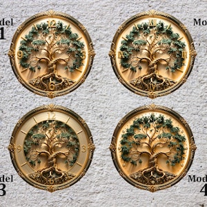 May include: Four circular wall clocks featuring a central tree design with gold-toned trunks and green foliage. Model 1 has Arabic numerals, Model 2 has Roman numerals, Model 3 has a gold inner ring with Arabic numerals, and Model 4 has no numerals.