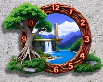May include: A decorative wall clock featuring a nature scene. The clock face depicts a waterfall, lake, and mountains. The clock's frame is made of wood and has large, red numbers. A tree with green leaves and exposed roots is on the left side.