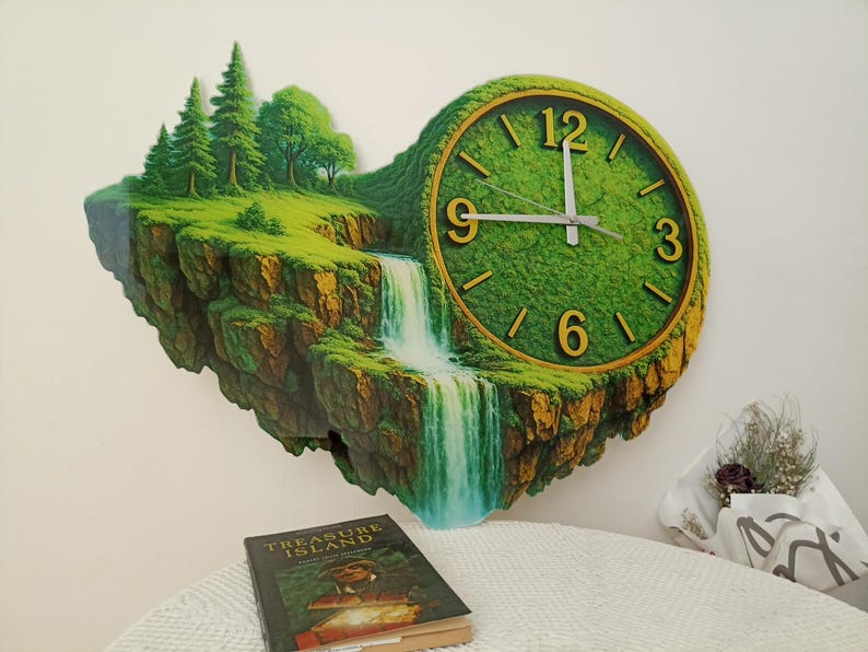 May include: A unique wall clock featuring a landscape design with a waterfall and trees. The clock face is green with gold numerals and hands. The clock is mounted on a white wall. The clock measures approximately 18 inches in diameter.