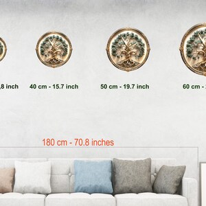 May include: Four round wall clocks with a tree of life design. The clocks are in gold frames and have green and brown details. Sizes are 11.8 inches, 15.7 inches, 19.7 inches, and 23.6 inches. The text on the image reads "180 cm - 70.8 inches".