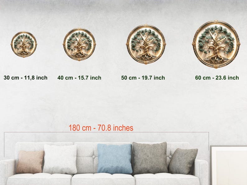 May include: Four round wall clocks with a tree of life design. The clocks are in gold frames and have green and brown details. Sizes are 11.8 inches, 15.7 inches, 19.7 inches, and 23.6 inches. The text on the image reads "180 cm - 70.8 inches".