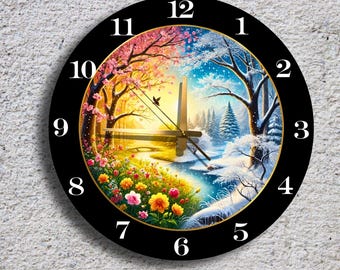 May include: A round wall clock with a black frame and a colorful landscape design. The clock face depicts a split scene: spring on the left and winter on the right. The clock hands are black, and the numbers are white.
