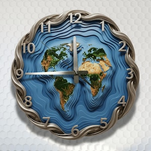 May include: A round wall clock with a 3D map of the world. The clock face features a blue ocean design with continents in shades of green and brown. The numbers are silver, and the clock has silver hands and a silver wavy frame.