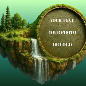 May include: A fantasy landscape illustration featuring a floating island with a waterfall and lush greenery. A circular frame with text reading "YOUR TEXT, YOUR PHOTO OR LOGO" is set into the island. The background is a gradient of green.