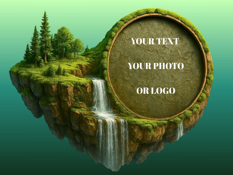 May include: A fantasy landscape illustration featuring a floating island with a waterfall and lush greenery. A circular frame with text reading "YOUR TEXT, YOUR PHOTO OR LOGO" is set into the island. The background is a gradient of green.