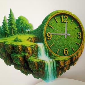 May include: A unique wall clock shaped like a floating island with a waterfall. The clock face is green with gold numerals, and the island features trees and grass. The clock hands are silver.