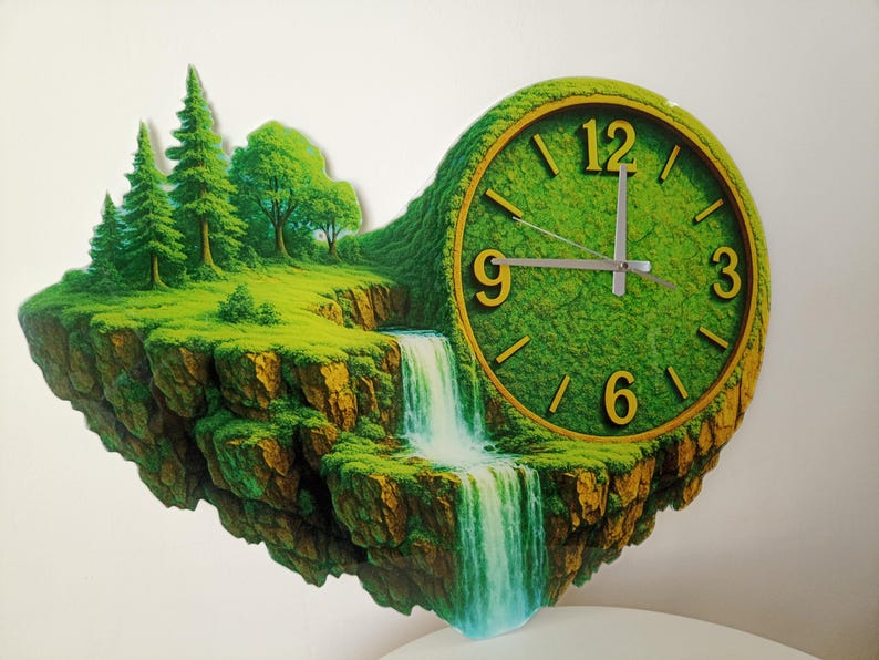 May include: A unique wall clock shaped like a floating island with a waterfall. The clock face is green with gold numerals, and the island features trees and grass. The clock hands are silver.