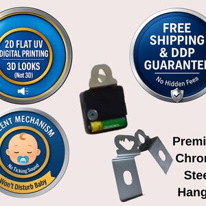 May include: Clock mechanism with a black body, battery, and chrome steel hanger. The image includes blue and gold circular badges with text: "2D Flat UV Digital Printing", "Silent Mechanism", and "Free Shipping & DDP Guarantee".