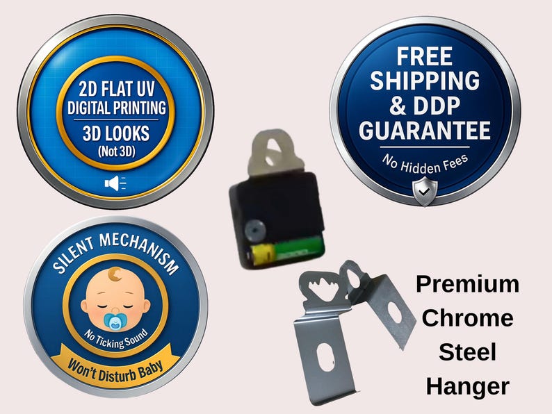 May include: Clock mechanism with a black body, battery, and chrome steel hanger. The image includes blue and gold circular badges with text: "2D Flat UV Digital Printing", "Silent Mechanism", and "Free Shipping & DDP Guarantee".