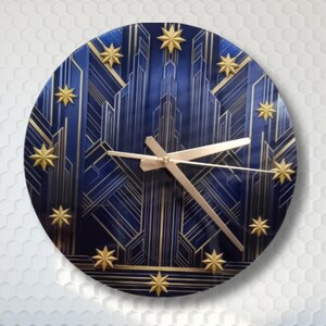 Art Deco Wall Clock: Blue & Gold Star, Modern Geometric Design
