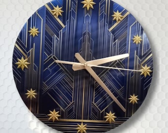Art Deco Wall Clock: Blue & Gold Star, Modern Geometric Design