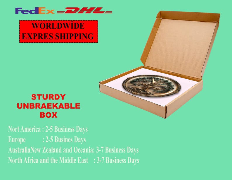 May include: An open cardboard box with a decorative oval tray inside. The tray has a detailed design in shades of brown and gold. The box is on a light green background. Text on the image reads "WORLDWIDE EXPRES SHIPPING" and "STURDY UNBRAEKABLE BOX."