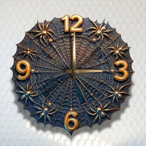 May include: A decorative wall clock with a spiderweb design. The clock face is dark blue with gold-colored spiders and numerals. The clock hands are gold. The clock is round and has a textured surface.