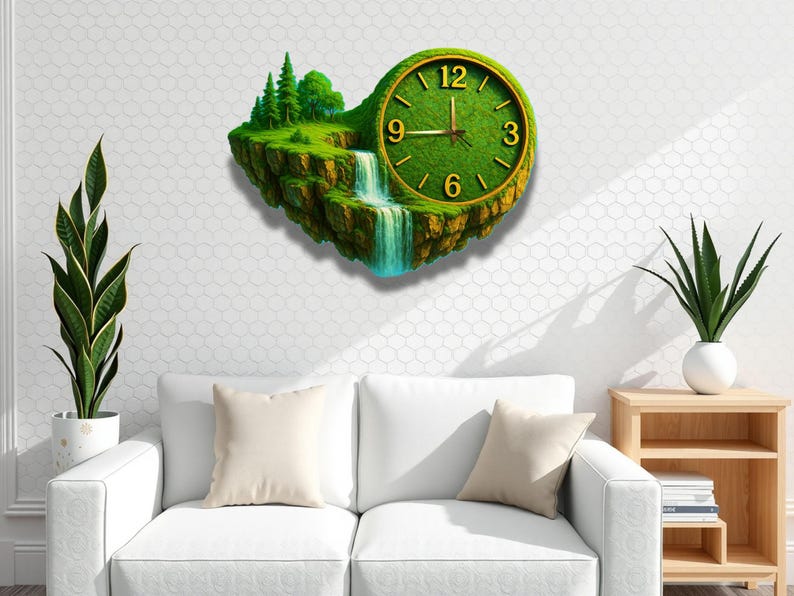 May include: A unique wall clock featuring a landscape design. The clock face is green, with gold-colored numerals and hands. The clock's design includes a waterfall, trees, and a grassy area, creating a nature-inspired aesthetic. The clock is mounted on a white wall.