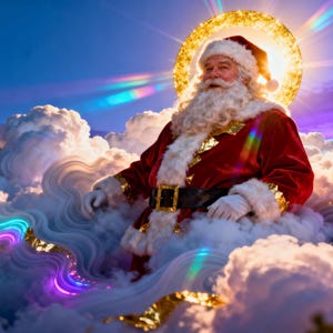 May include: Santa Claus, in a red velvet suit with white fur trim, sits among fluffy clouds. A golden halo surrounds his head, and a black belt with a gold buckle cinches his waist. The background features a vibrant sky with streaks of color.