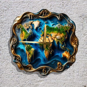 May include: A decorative wall clock featuring a world map design. The clock face depicts continents in shades of green, brown, and yellow, surrounded by a blue ocean. The clock has gold-colored hands and a gold-toned, ornate frame.