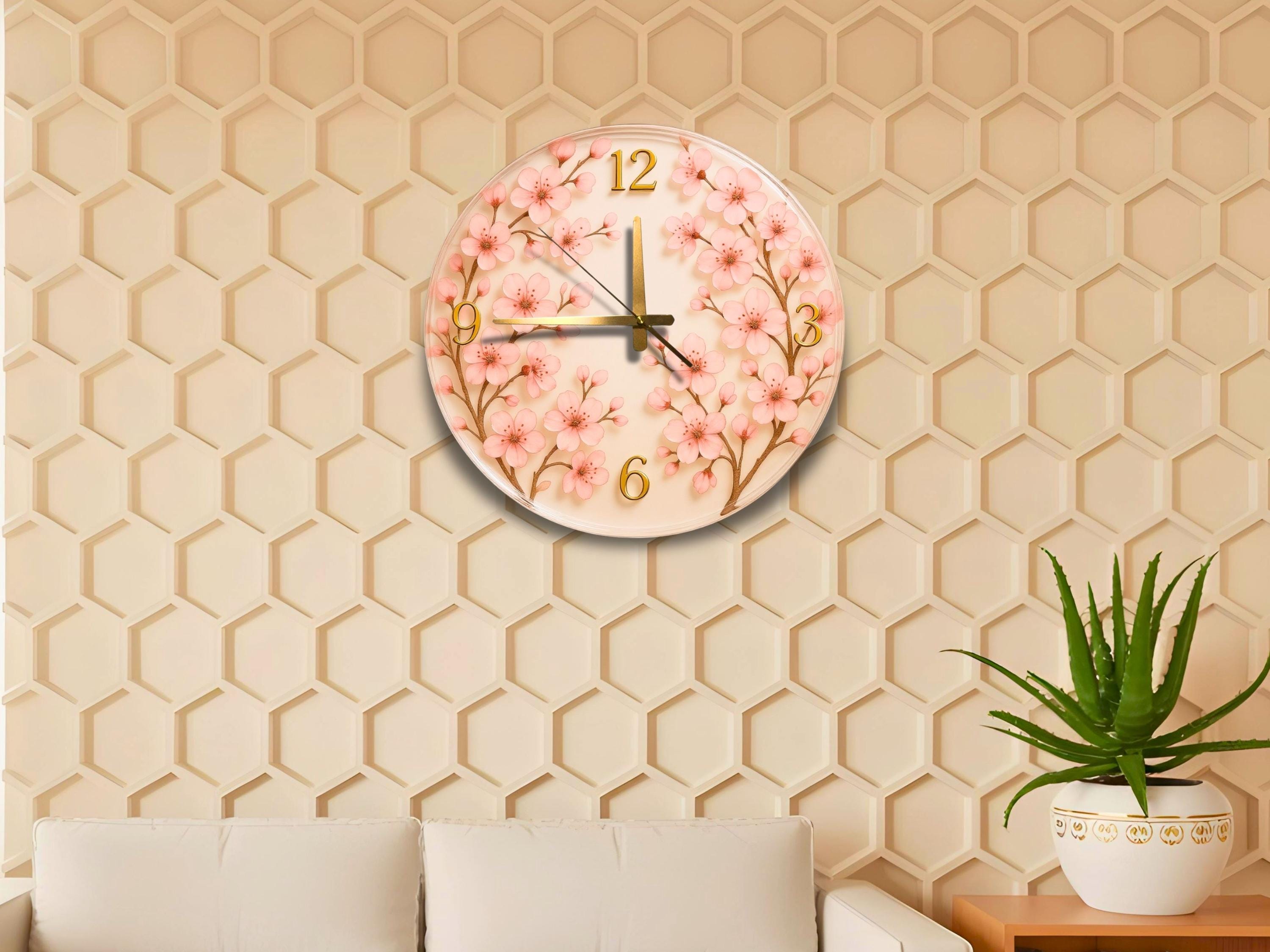 Cherry Blossom Wall Clock, Pink Floral Acrylic Art, Modern Home