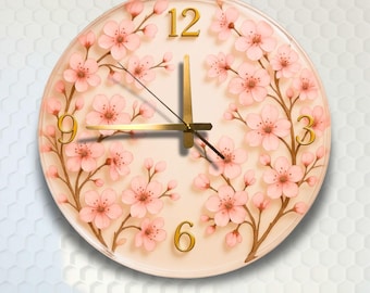 Cherry Blossom Wall Clock, Pink Floral Acrylic Art, Modern Home Decor