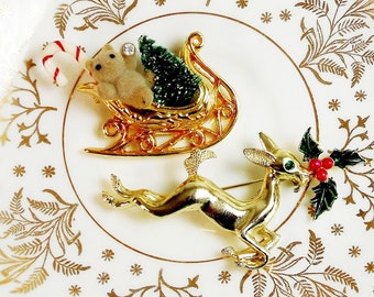 Two Vintage Christmas Pins, Deer with Holly, Santa's Sleigh