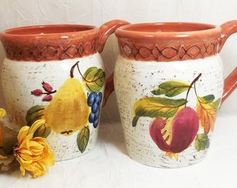 Autumn Fruits Decorated Mugs by Pamela Gladding, Pears, Grapes, Pomegranate in Golds Greens and Reds