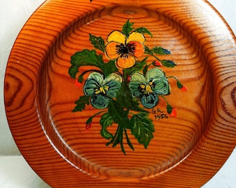 Swedish Folk Art, Hand Painted Pansies on Wood Plate, Vintage Scandinavian Gift