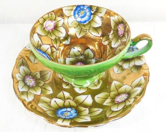 Trimont Gold & Green Floral Tea Cup and Saucer, Handcrafted, Vintage 1950s