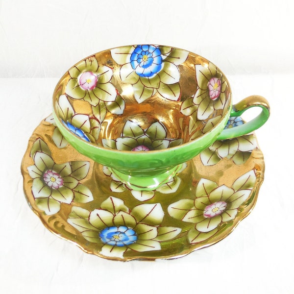 Trimont Gold & Green Floral Tea Cup and Saucer, Handcrafted, Vintage 1950s