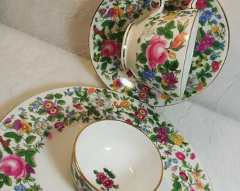 4 Piece Set, Thousand Flowers, Teacup & Saucer, Salad Plate, Mini Open Sugar Bowl ~ Crown Staffordshire